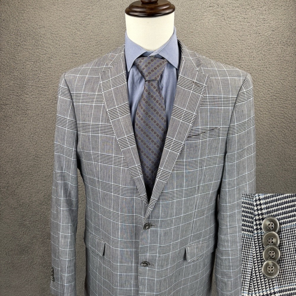 Jos A Bank Blazer Mens 40L White Navy Glen Plaid Sport Coat Cotton Linen Blend